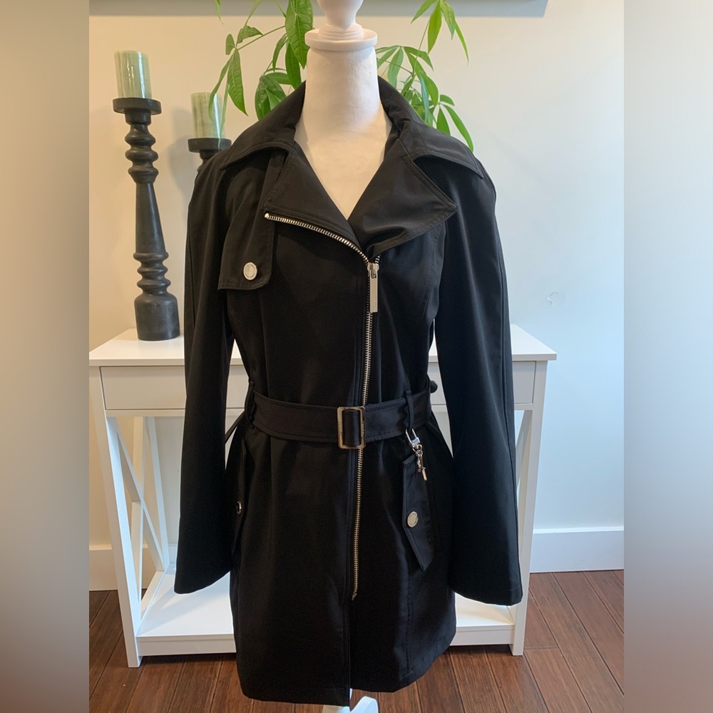 Calvin Klein Black Rain Trench Coat with Removable Hood, size S, EUC